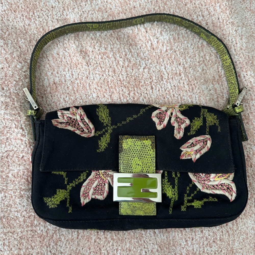 Fendi Black and Green Floral Shoulder Bag